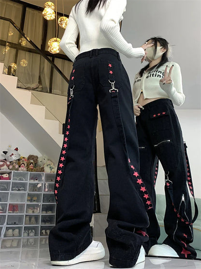 lovwvol Women's Metal Decoration Splicing Star Print Denim Trousers American Street Style Jeans Casual Female High Waist Straight Pants