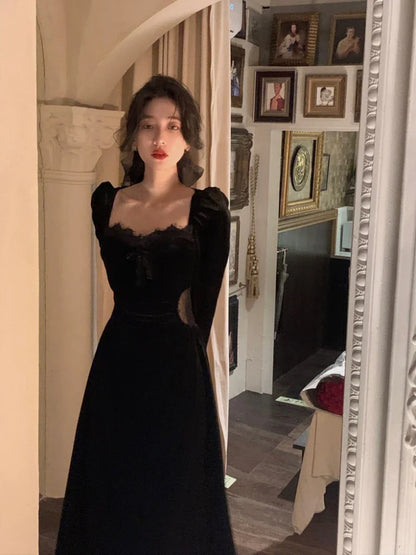 lovwvol  Autumn Slim Black Velvet Dress Casual Korean Fashion Elegant Midi Dress Woman Party Long Sleeve Vintage Lace Dress Design