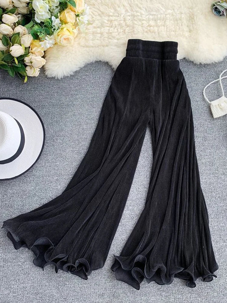 Women Flare Pants Loose Gauze Elastic High Waist Ruffle Chiffon Ladies Trousers Fashion Black White Summer Female Pants New