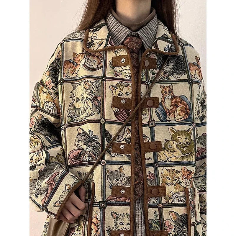 Fashion Vintage Jackets Cartoon Print Single Breasted Turn Down Collar Design Coats Y2k Preppy Style All Match Women's Clothing