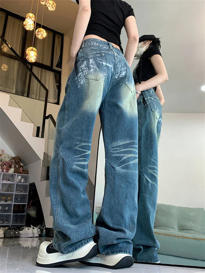 lovwvol Women's Retro Dirty Blue Thin Jeans Young Girl Summer Street Style Straight Bottoms Vintage Casual Trousers Female Wide Leg Pant