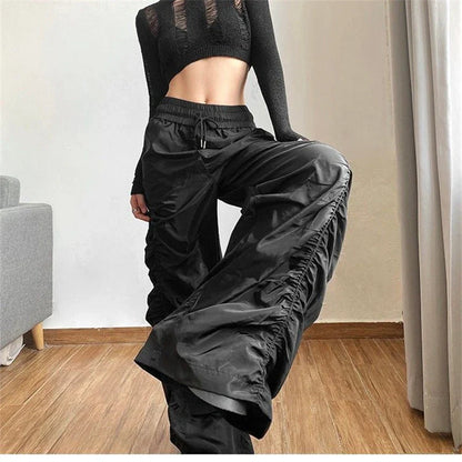 lovwvol Women's Pleated Design Elastic Waisted Wide Leg Black Pants Young Girl Summer Bottoms Female Straight High Waisted Thin Trousers