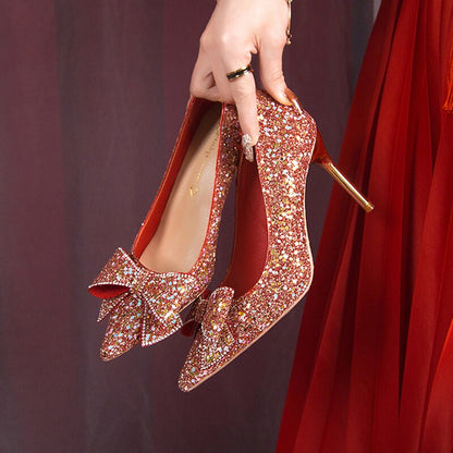 lovwvol Shiny Sequins High Heels Pumps Women 2023 New Crystal Bowtie Thin Heeled Wedding Party Shoes Woman Luxury Pointed Toe Red Pumps