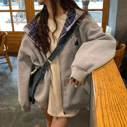 lovwvol  -  Brown Zip Up Hoodie Women Autumn Lattice stitching Long Sleeve Casual Oversized Sweatshirt Solid Jacket Women Clothing