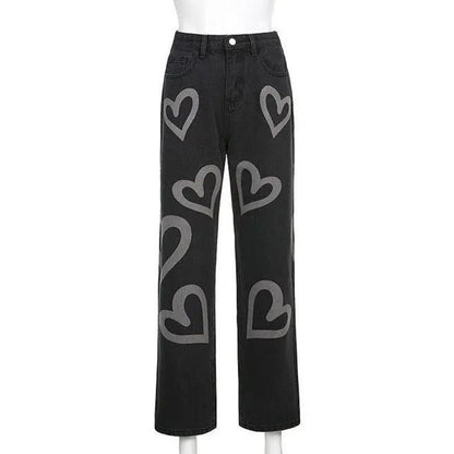 lovwvol  Fashion Trousers Medium Wash High Waist Heart Print Wide Leg Jeans