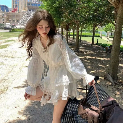 lovwvol Spring Summer Korean Style White Long Sleeve V-neck Lace Lace-up Design Temperament Gentle Cake Skirt Short Dress