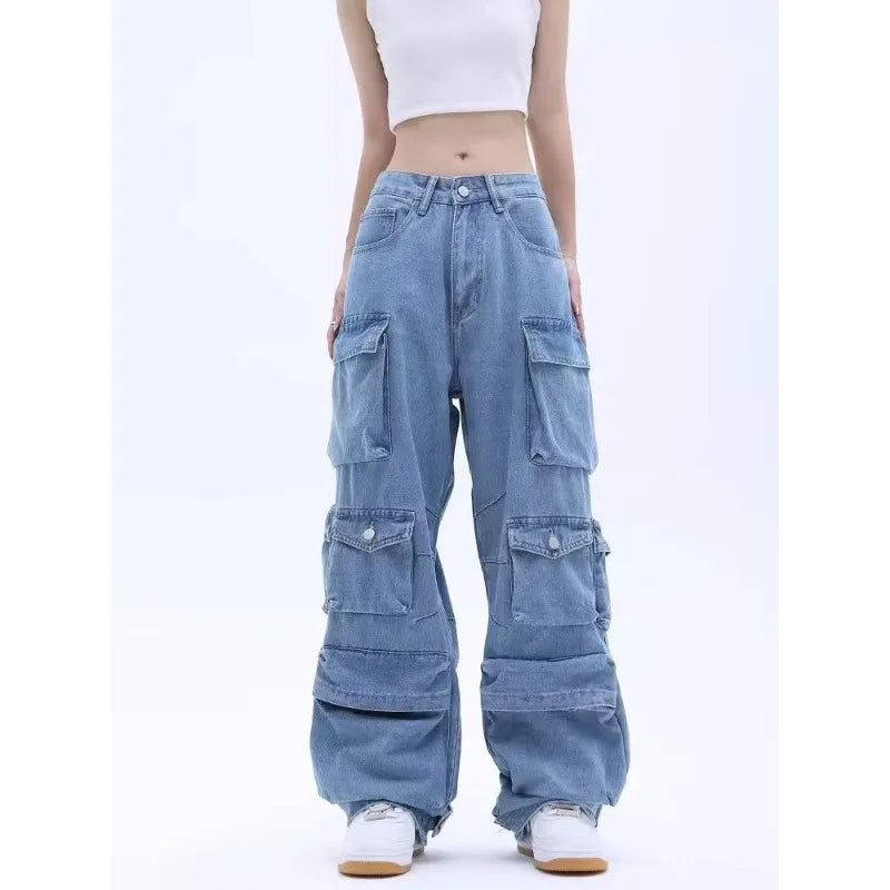 lovwvol Multi-Pocket Blue Washed Jeans Cargo Pants Y2k Retro Streetwear Fashion High Waist Jeans Couple Harajuku Casual Wide Leg Pants