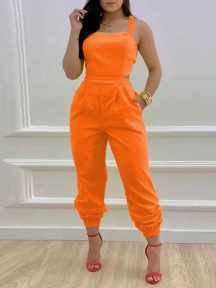 Ladies Off Shoulder Sleeveless Jumpsuit Summer Women Casual Solid Rompers Streetwear Long Playsuits Overalls With Pockets