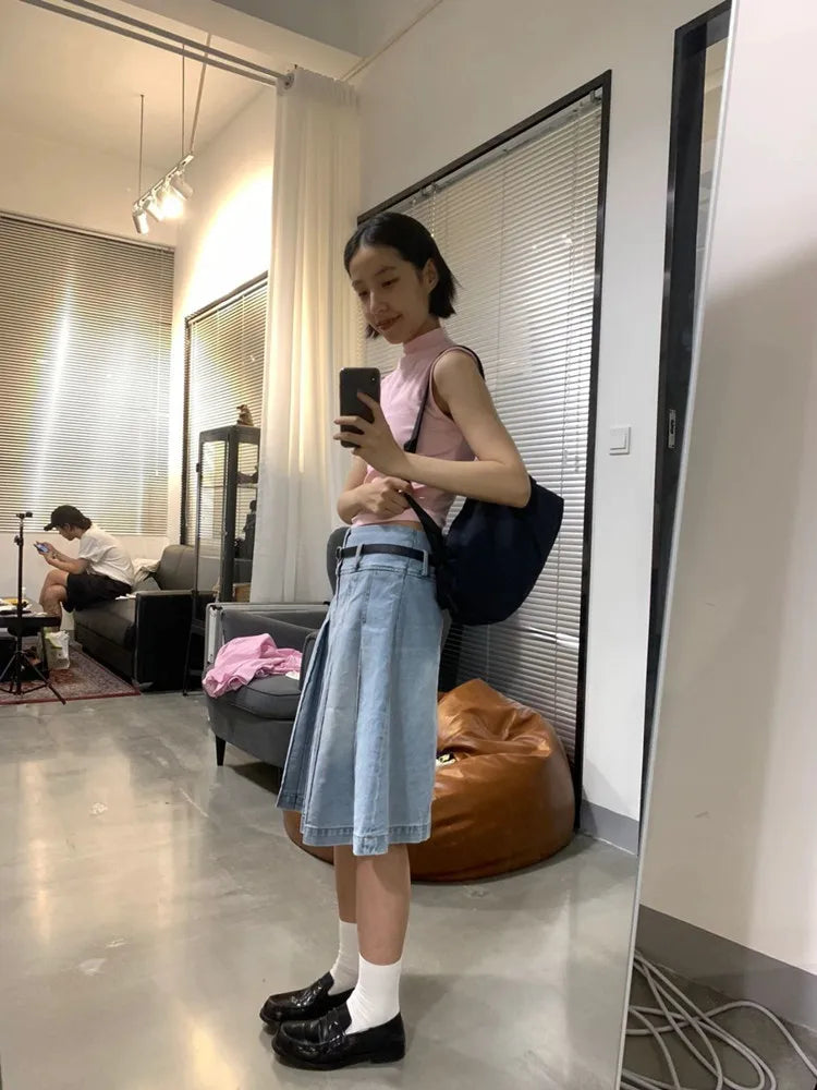 lovwvol  -  Summer Pleated Skirt Women Girls Blue Jeans Midi Knee-length Denim Skirt A-line Long Skirt Y2k Korean Vintage Skirt