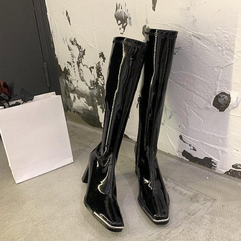 Ladies Boots Long Footwear Winter Knee High Shaft Shoes for Women Very Heel Square Toe Platform Trend  Waterproof Y2k Pu New