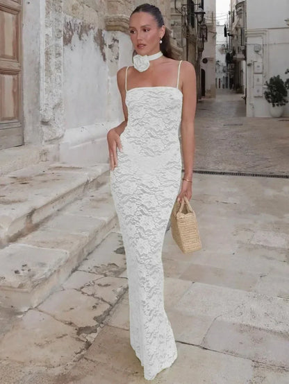 Elegant Woman  Spring Summer Sleeveless Hollow Out Long Maxi Lace Dress High Street Solid Bodycon Formal Party White Dresses