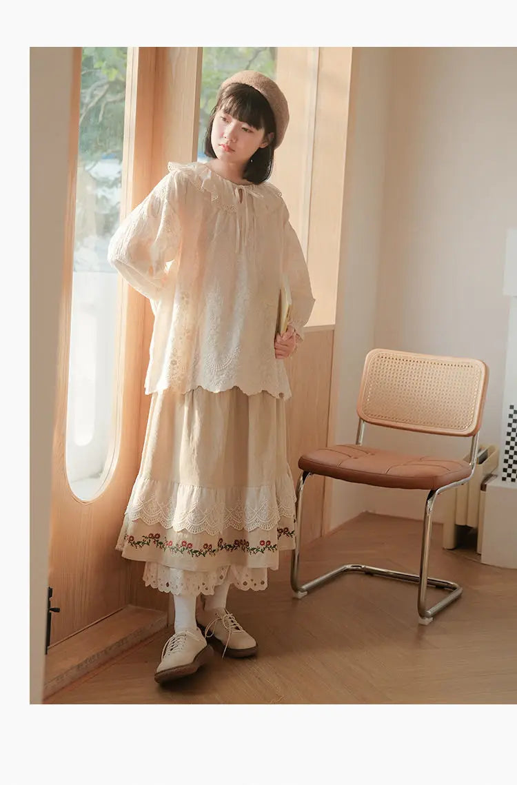 lovwvol Vintage Lace Splice Half Skirt New Khaki Half Skirts for Woman Sweet Age Reduction Embroidery Flower Fashion Long Dress