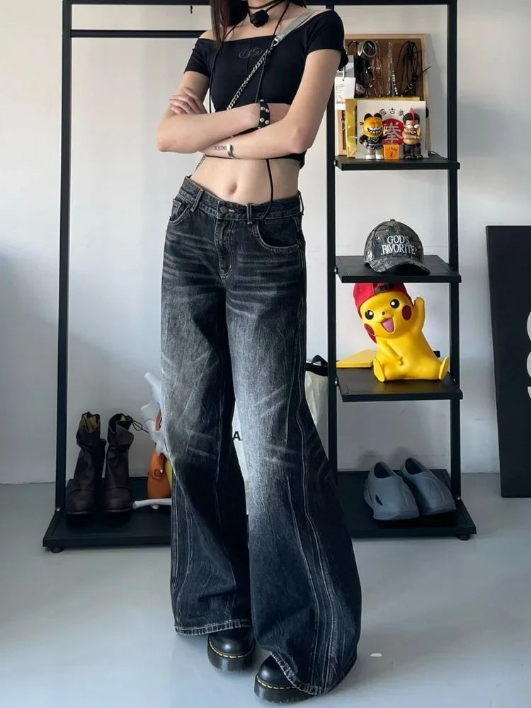 lovwvol Grunge Y2k Black Jeans Women Baggy Vintage High Street Oversized Denim Trousers Gothic Gyaru 2000s Acubi Fashion Jeans