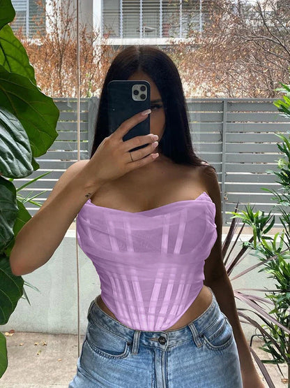 Sleeveless Fashion Strapless Bustier Corset Crop Tops Female Mesh Backless White Women Tops Zipper Summer