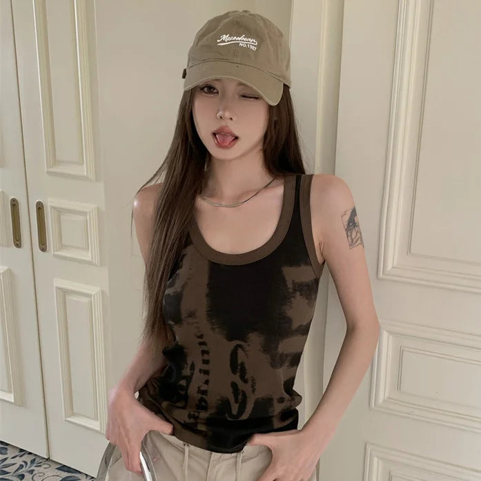 90s Vintage Green Tank Top Women Harajuku Techwear Graphic Print Tees Grunge Slim Sleeveless Crop Tops Y2K Gothic Kpop