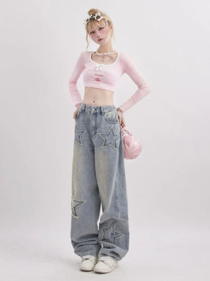 lovwvol Y2K 90s Streetwear Star Jeans Women Vintage Distressed Blue Baggy Denim Pants American Retro Wide Trousers Korean Style