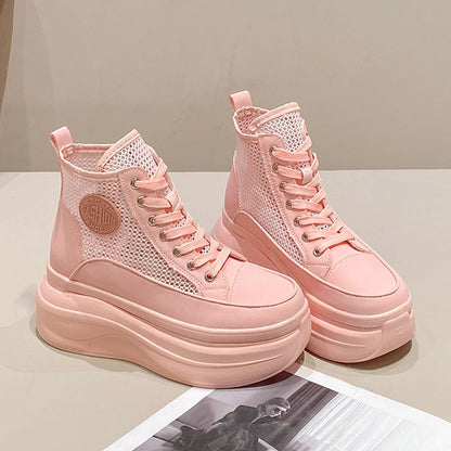 Summer Ankle Boots Women's Mesh Shoes New Hollow Out Breathable Casual Sneakers White Pink Height Increasing Womans Footwear