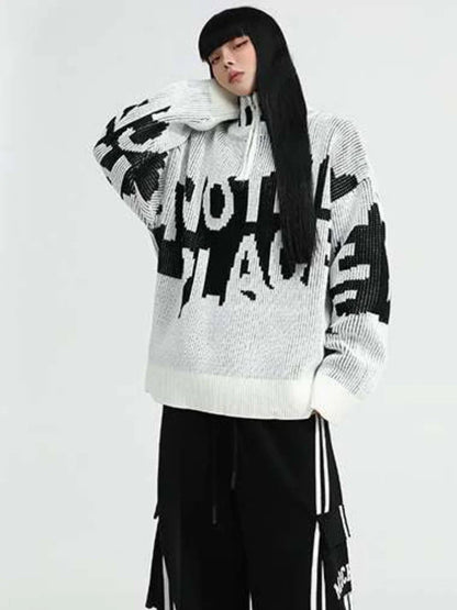 lovwvol  -  Men and Women Letter Jacquard Grunge Sweaters Y2k Aesthetic Half High Collar Zipper Jumpers Knitted Harajuku Oversized Pullovers