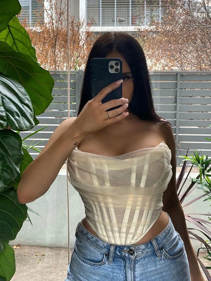 Sleeveless Fashion Strapless Bustier Corset Crop Tops Female Mesh Backless White Women Tops Zipper Summer