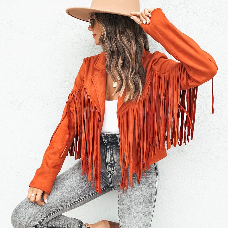 Fringe Faux Suede Jacket Women's Motorcycle Lapel Handsome Jacket Fall 2023 Ladies Solid Fringed Short Coat Women Jackets A2008