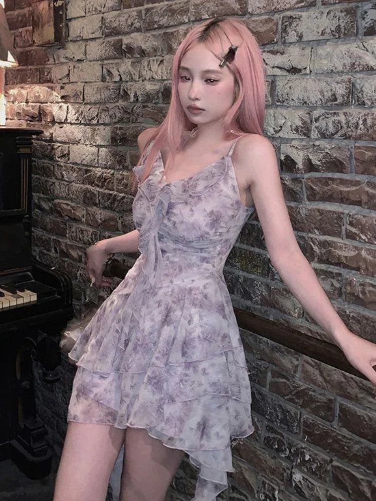 Floral Print Korean Fashion Dress Women Ruffles Vintage Sweet Party Mini Dress Female Designer Sexy Strap Dress  Summer New