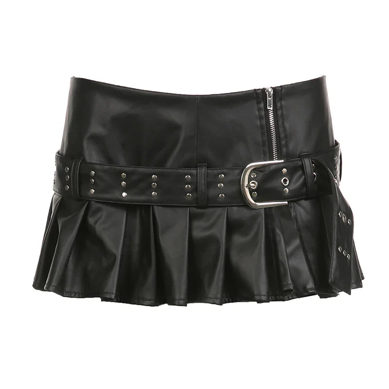 lovwvol Leather Zipper Pleated Mini Skirt Punk Clubwear Metal Buckle Side Slit Gothic Sexy Short Skirt Ladies Rave Outfits