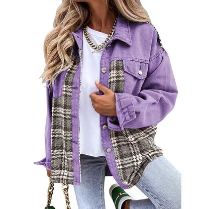 lovwvol  -  New Autumn Women Button Coat Spring Irregular Tops Outwear Mujer Vintage Fashion Plaid Print Patchwork Denim Jacket Elegant