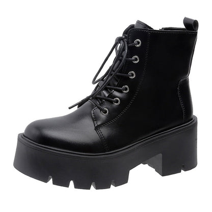 Black Chunky Platform Ankle Boots for Women 2023 Spring Thick Bottom Lace Up Shoes Woman Retro White Pu Leather Short Boots