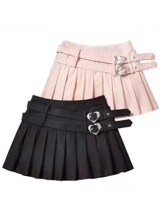 lovwvol Women Summer Fashion Hot Sweet Slim Pleated Super Short Skirt Cute Chic Heart Belt Mini Skort Streetwear Shorts Skirts