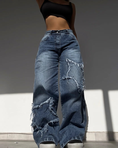 lovwvol  -  Retro Blue High Waisted Baggy Jeans Women Star Pattern Y2k Pants Hip Hop Harajuku Slouchy Denim Jeans Versatile Streetwear