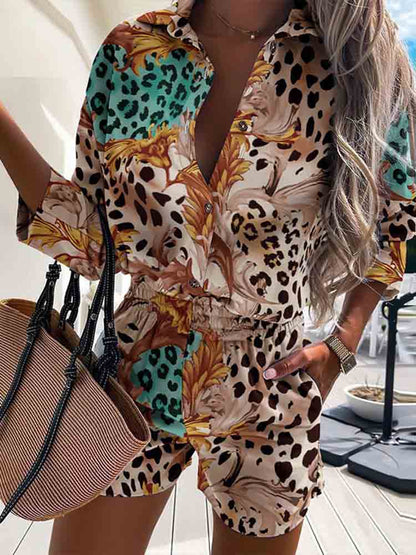 lovwvol New Elegant Print Two Piece Sets Women Summer Spring Turn-Down Collar Shirt Tops+ Shorts Woman Sets Casual Long Sleeve Shirts