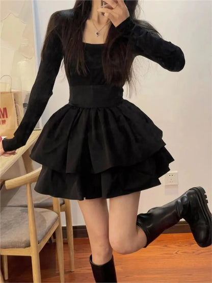 Gothic Mini Black Dresses for Women Y2K Birthday Party Princess Dress Long Sleeve A-line Ruffles Bow New Spring Prom Vestidos