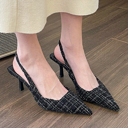 Fashion Stripes Plaid High Heels Pumps Women Pointed Toe Slingbacks Party Shoes Woman 2023 Spring Summer Thin Heeled Sandals