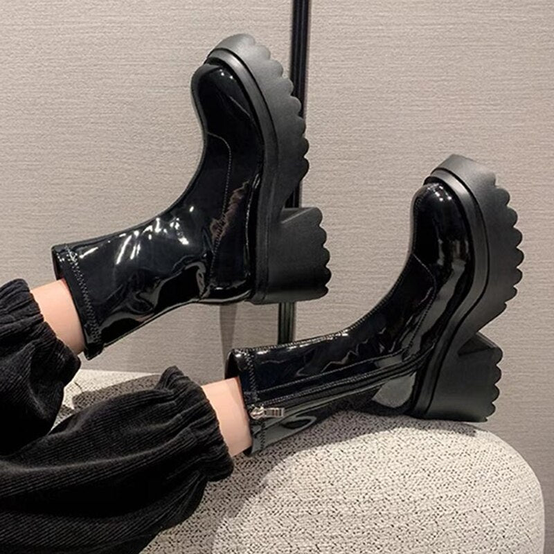 Patent Leather Chunky Platform Long Boots Women Autumn Punk Thick Heels Shoes Woman Zipper Black Motorcycle Botas De Mujer