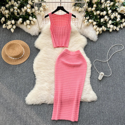 lovwvol Summer Women Fashion Skirt Set Sexy Sleeveless Tank Tops High Waist Slim Long Saya Female Two Piece Suits Knit Solid Clothes