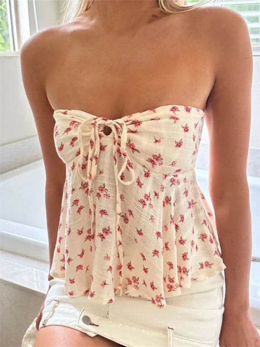 lovwvol Strapless Off Shoulder Ruched Tube Tops Women Front Tie-up Ruffles Summer Party Clubwear Tank fLORAL pRINT Mini Vest