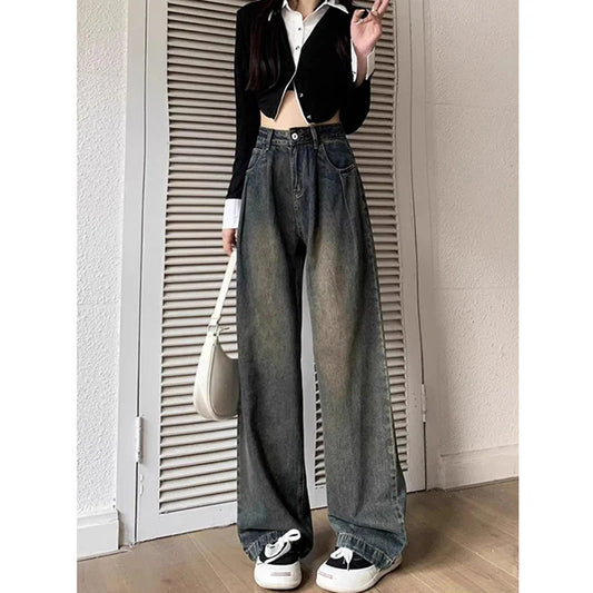 lovwvol - Harajuku Retro Women's High Waist Wide Leg Jeans Autumn Winter Thin Vintage Straight Leg Pants Fashionable Floor Mopping Jeans