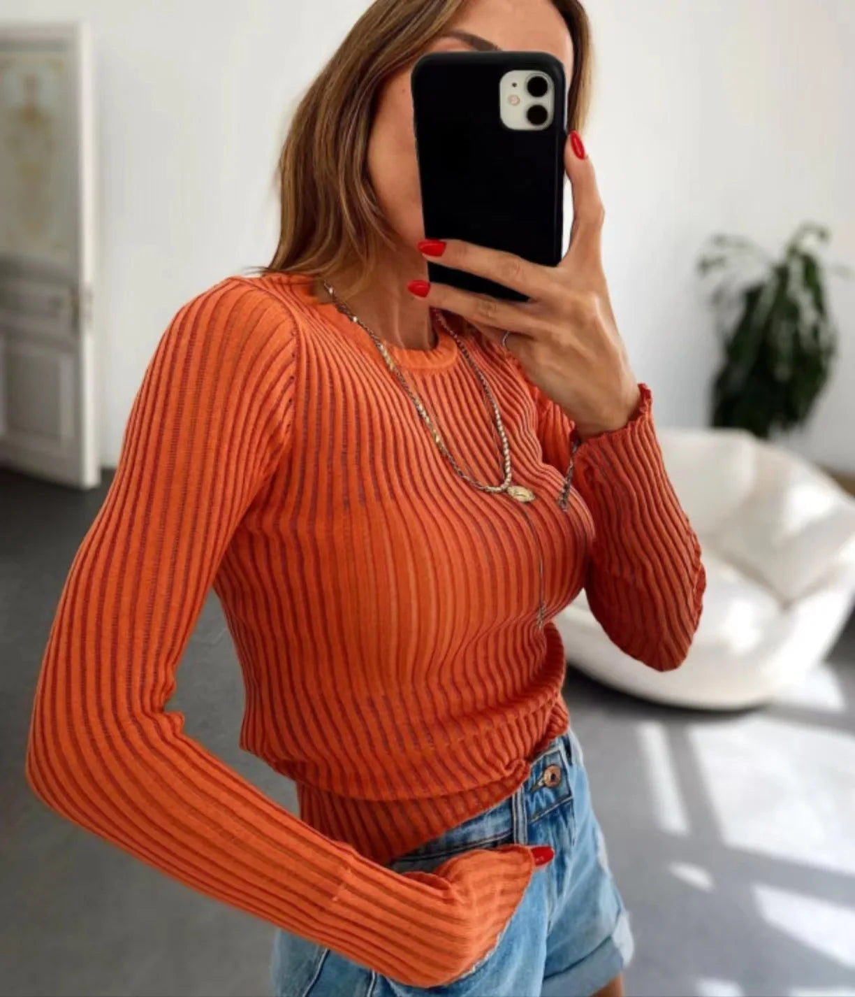 White Ribbed Knit T-Shirts Ladies See-Through Rib Sweater Tops Spring New Outfits Pullover Long Sleeve Casual Top Tees