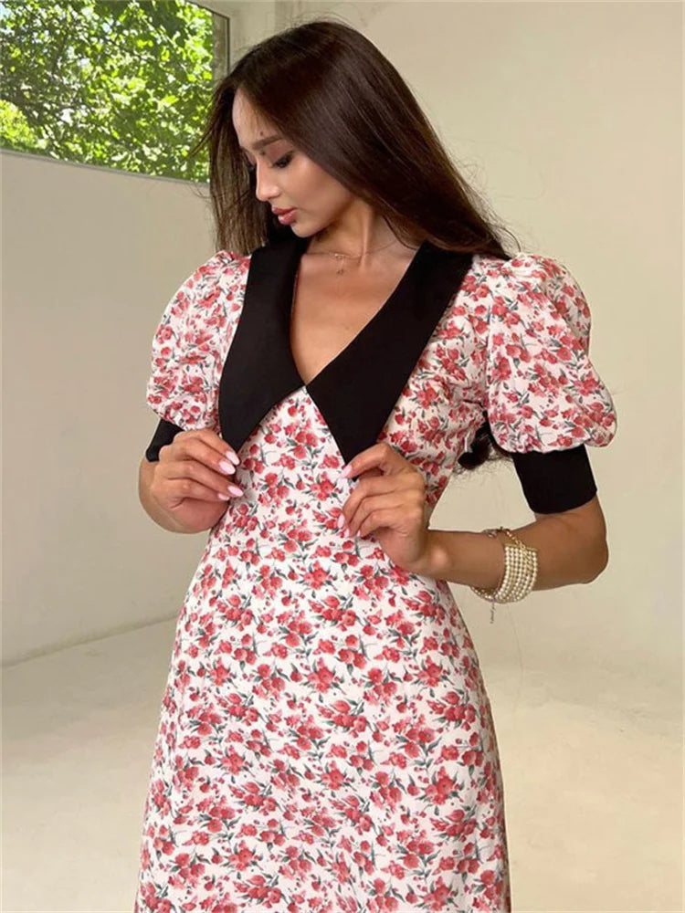 V-Neck Patchwork Printed Dress Summer For Women Short Sleeve Fashion High Waist Party Dress Contrast Ladies Maxi Dress