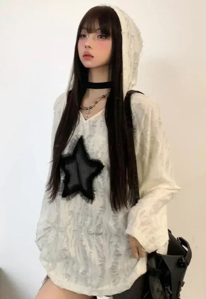 Grunge Hole T-shirt Women Fashion Star Print Y2k Aesthetic Loose Tees Kpop Fairycore Ripped Tshirt Harajuku Gothic Streetwear