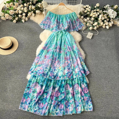 lovwvol Summer Runway Holiday Flower Cascarding Chiffon Dress Women Sexy Off Shoulder Ruffles Floral Print Boho Long Robe Vestidos