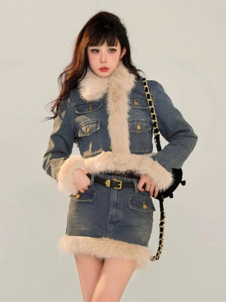 lovwvol Blue Denim Faux Fur Short Skirt Suit for Women Autumn Winter New Fashion 2-piece Set Fur Brim Style Jacket Tops+Mini Skirts