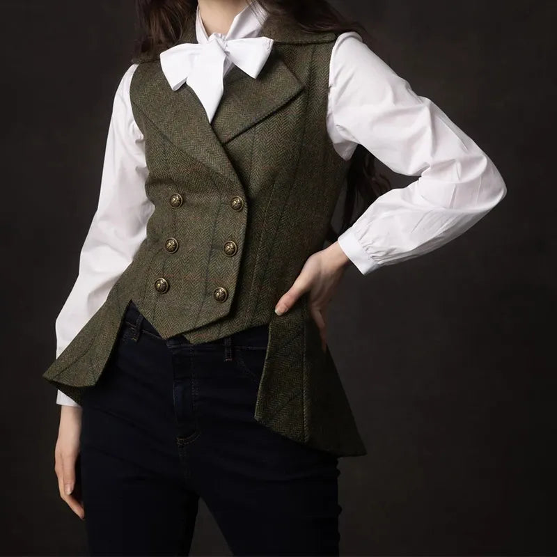 Woman’s Vest Army Green Plaid Herringbone Tweed Business Waistcoat Tailored Collar Vintage OL Waistcoat for Wedding Vest