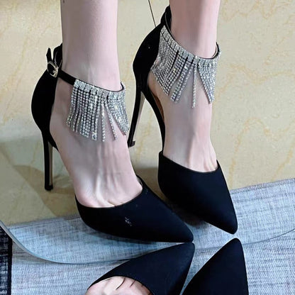 Shiny Crystal Tassels High Heels Pumps Women 2023 Autumn Sexy Black Ankle Straps Party Shoes Woman Pointed Toe Thin Heeled Pumps