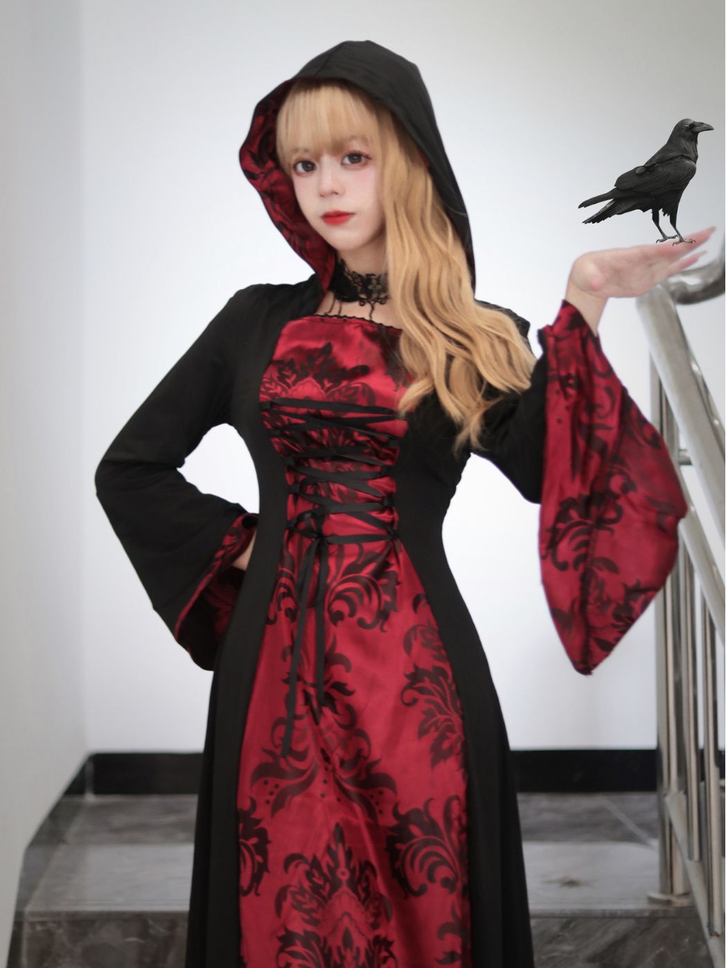 Black Red Long Robe Halloween Carnival Party Cosplay Cloak Vampire Role-playing Costume Ball Wizards Women Hooded Square Collar