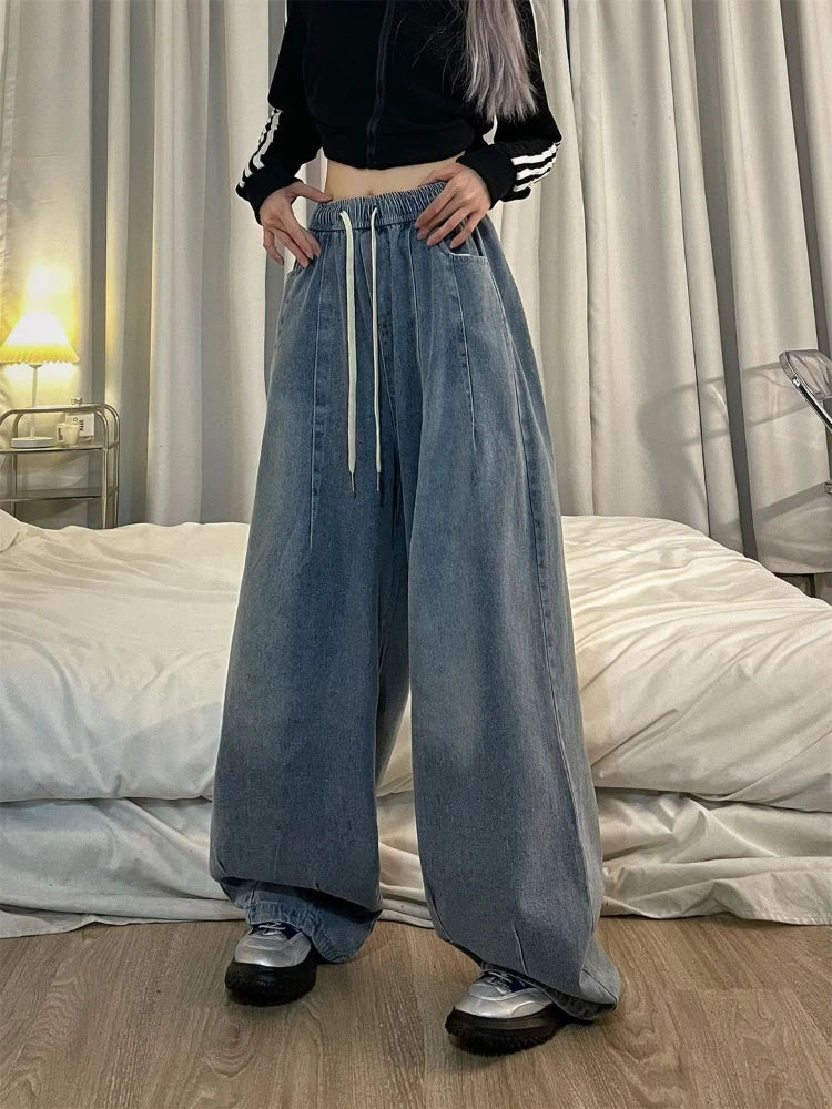 lovwvol Women Vintage Baggy Jeans Y2K Elastic High Waist Oversized Streetwear Trouser Denim Wide Leg Straight Basic Pants Spring