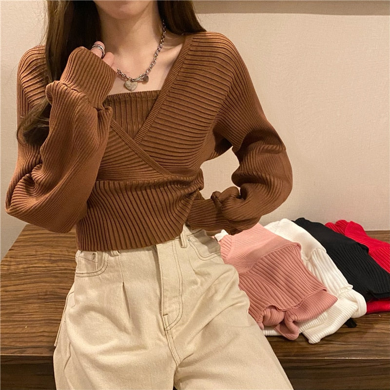 lovwvol lovwvol Autumn Korean Style Sweater Women Fashion Casual Knit Sweater Vest Top Two Piece Set Female Outer Wear Pullover Sweater