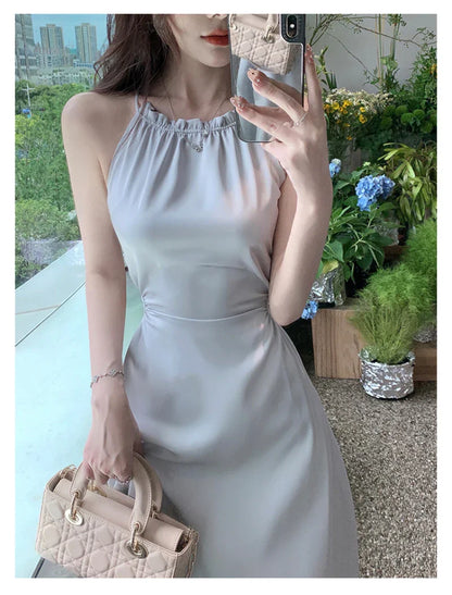 Summer Elegant Backless Satin Midi Dresses for Women Korean Fashion Sleeveless Slim Evening Party Female Casual Clothing