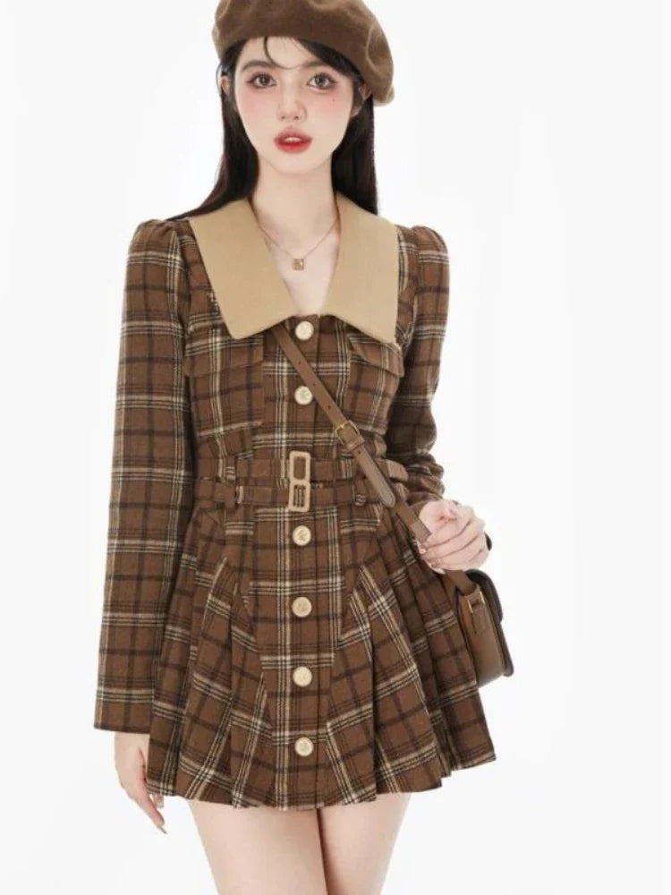 lovwvol   Vintage Plaid Dress Women Elegant Long Sleeve Dresses Preppy Style Autumn Winter Turn-down Collar Puff Sleeve Streetwear