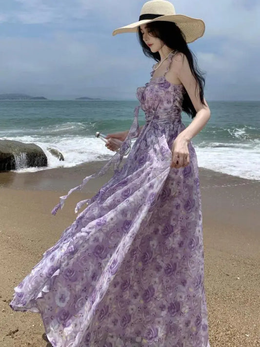 French Vintage Purple Print Long Dresses for Women Summer Sexy Backless Sleeveless Ruffles Beach Holiday Female Clothing